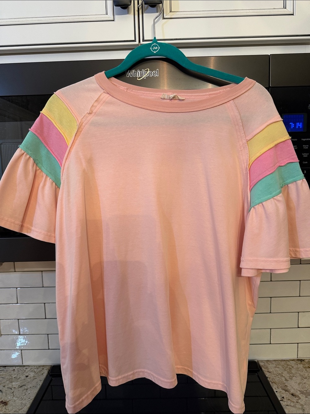 easel Pastel Pink Short Sleeve Top with Mint, Yellow & Pink Stripe Ruffles